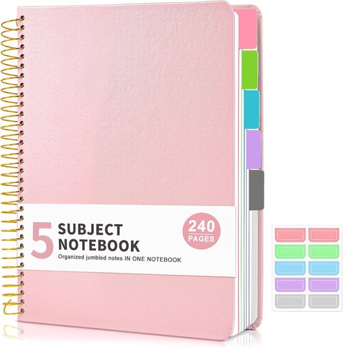 5 Subject Notebook College Ruled with Removable Pocket Dividers A4, Pink