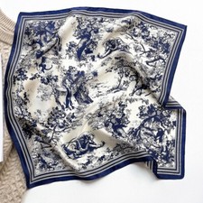 Women Vintage Small Scarf 100 Silk Kerchief Bandana White Blue Flower 53x53cm