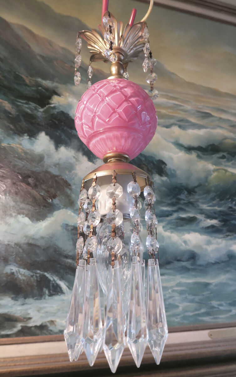 Vintage Pink rose glass Brass hanging SWAG plugin lamp chandelier crystal prism