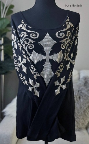 USA neu Vocal ÜBERGRÖSSE Damen schwarz taupe Kristall Kreuz Blumen Shirt 1XL 1X Y2K - Bild 2 von 5