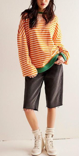 FREE PEOPLE ORANGE GREEN WHITE CLASSIC STRIPED OVERSIZED CREWNECK SWEATSHIRT XL - Picture 4 of 9
