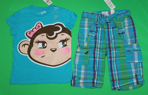 5 NWT The Children's Place 2p SET Blue Plaid Capri PANTS Monkey SHIRT Girls 