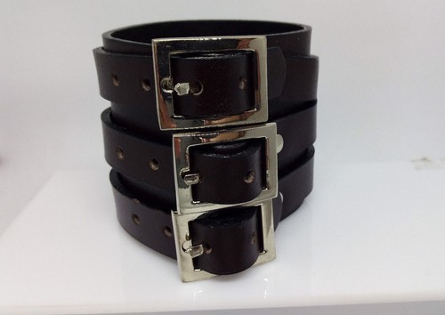Brown Leather Triple Buckle Wristband - Picture 4 of 5