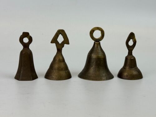 Lot of 4 Vintage Miniature 3" Brass Etched Bells * India - Picture 2 of 3