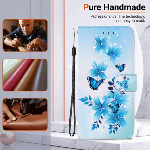 Flower Tiger Butterfly Cat Painted Wallet Phone Case For iPhone 14 15 16 Pro Max - Picture 4 of 29