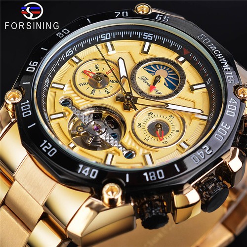 FORSINING Stainless Steel Mens Moon Phase Tourbillon Automatic Mechanical Watch - Picture 2 of 14
