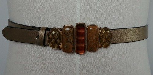 CHICO'S WOMENS GOLD COLOR GENUINE SPLIT LEATHER BELT EMBELLISHED BUCKLE SZ (M)  - Picture 2 of 10