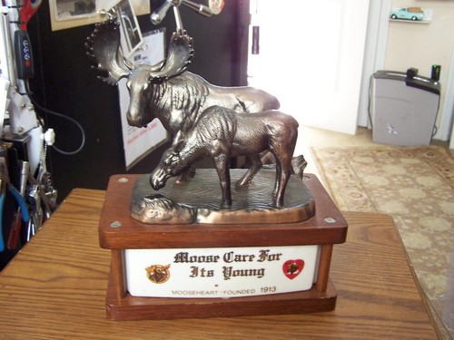 Rare Large McCormick Bronze MOOSE Decanter Mooseheart CARE FOR ITS YOUNG