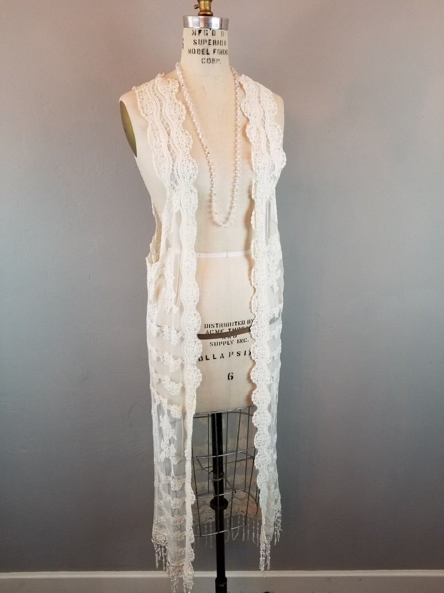 Romantic Cream Lace Boho Bohemian Long Vest with Fringe