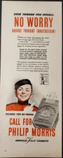 1942 Philip Morris Cigarettes No Worry About Throat Irritation Print Ad