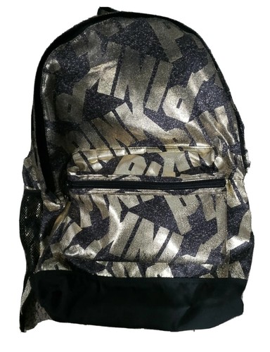 Victoria's Secret PINK CAMPUS Rucksack rein schwarz gold Folie Zierleiste Uni College XL
