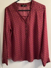 a.n.a A New Approach Blouse Large Top V-Neck Long Sleeve Fuscia/maroon/gold
