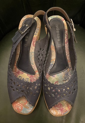 Navy Leather Adesso Peep Toe Cut Out Wedge Sandal - Picture 2 of 6