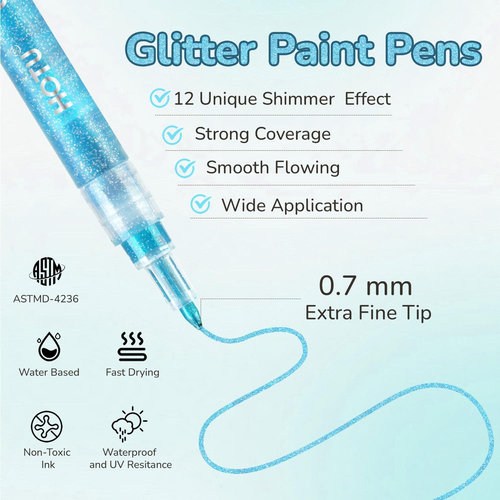 Glitter Markers Pen,12 Glitter Colors Paint Pens Sparkly Metallic Shimmer Acryli - Picture 2 of 12