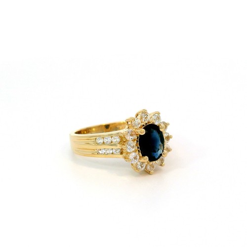 Damenring, Goldring mit Saphir und Zirkonen, Gelbgold 585 14 KT, Größe 10/50
