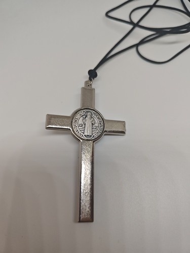 St Saint Benedict Silver Plated Crucifix Cross Christian Pendant Necklace 3.2'' - Picture 4 of 17