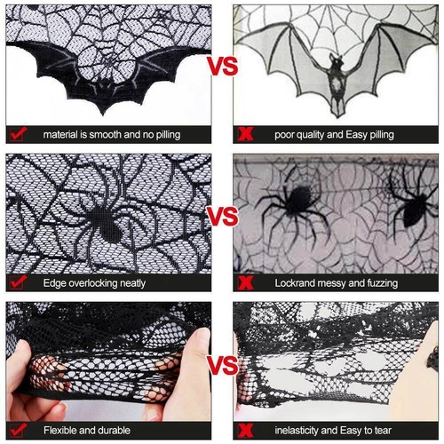 Cappotto camino Halloween pizzo nero pipistrelli copertura sciarpa casa infestata decorazione festa - Foto 8 di 12