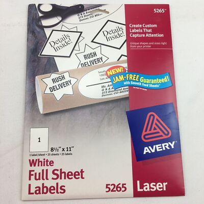 Avery Laser #5265 White Full Sheet Labels 25 Sheets 8 1/2'' x 11''