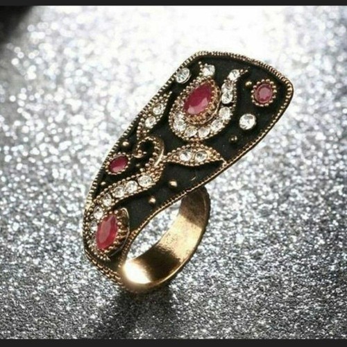 Vintage Red Enamel Unique Antique Gold Ethnic Ring - Size 7 - Picture 3 of 3