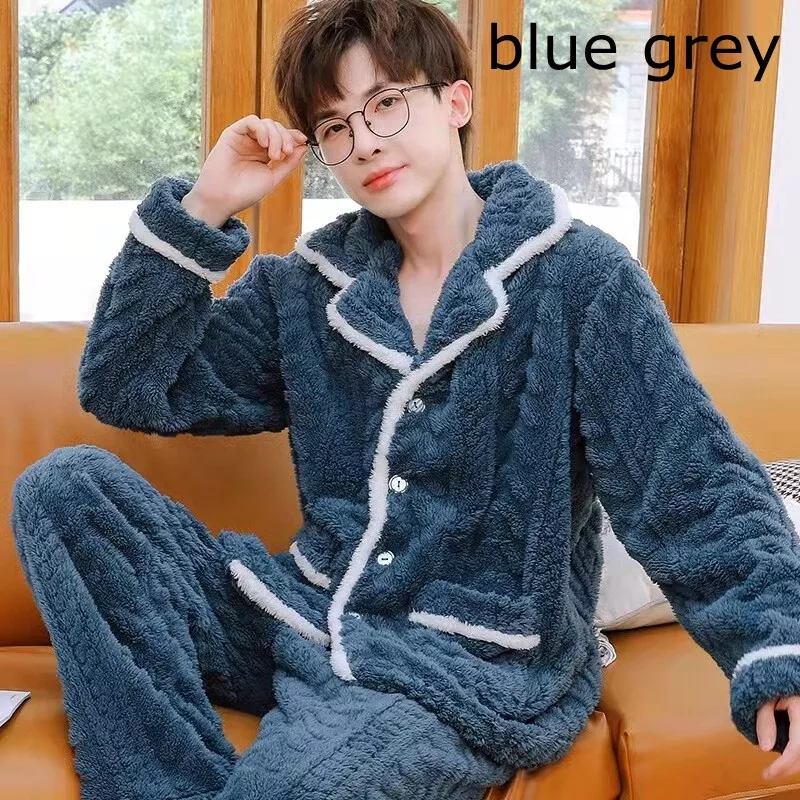 Men Warm Sleepwear Nightwear Flannel Pajama Set Thick Fluffy Button Long  Sleeve