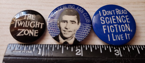 3 Vintage Twilight Zone Pins Buttons Rod Serling Fan Club Science Fiction - Picture 3 of 3