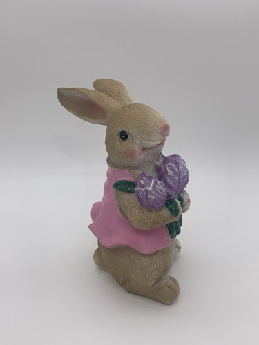 Glitzernder rosa Osterhase 8 Zoll Statue mit Blumenstrauß lila Blumen - Bild 5 von 9