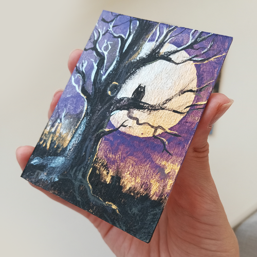 ACEO Original Acrilyc Card Halloween scenery moon owl tree - Picture 2 of 5