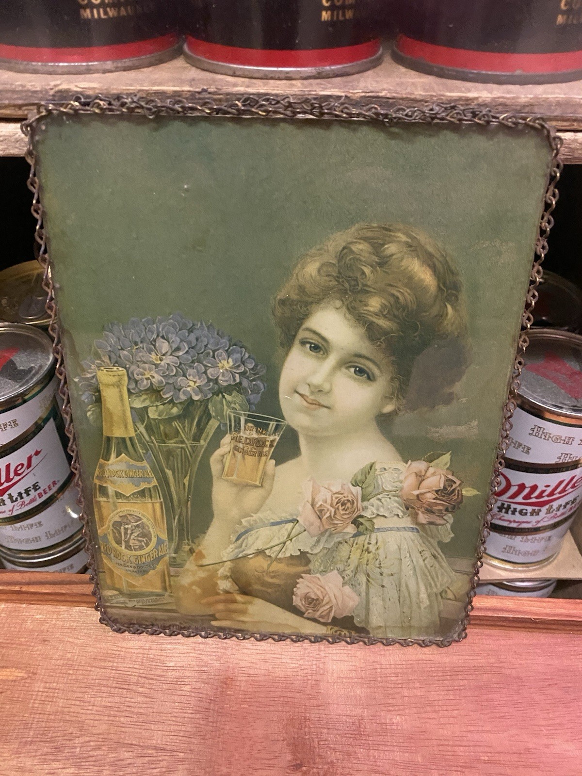 Letrero de vidrio Red Rock Ginger Ale Hagen & Dodd Atlanta GA botella de vidrio-niña C 1900
