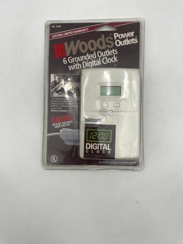 Woods 6 Grounded Outlets Wall Adapter White 125V 15A 1875W with Digital Clock - Picture 1 of 6