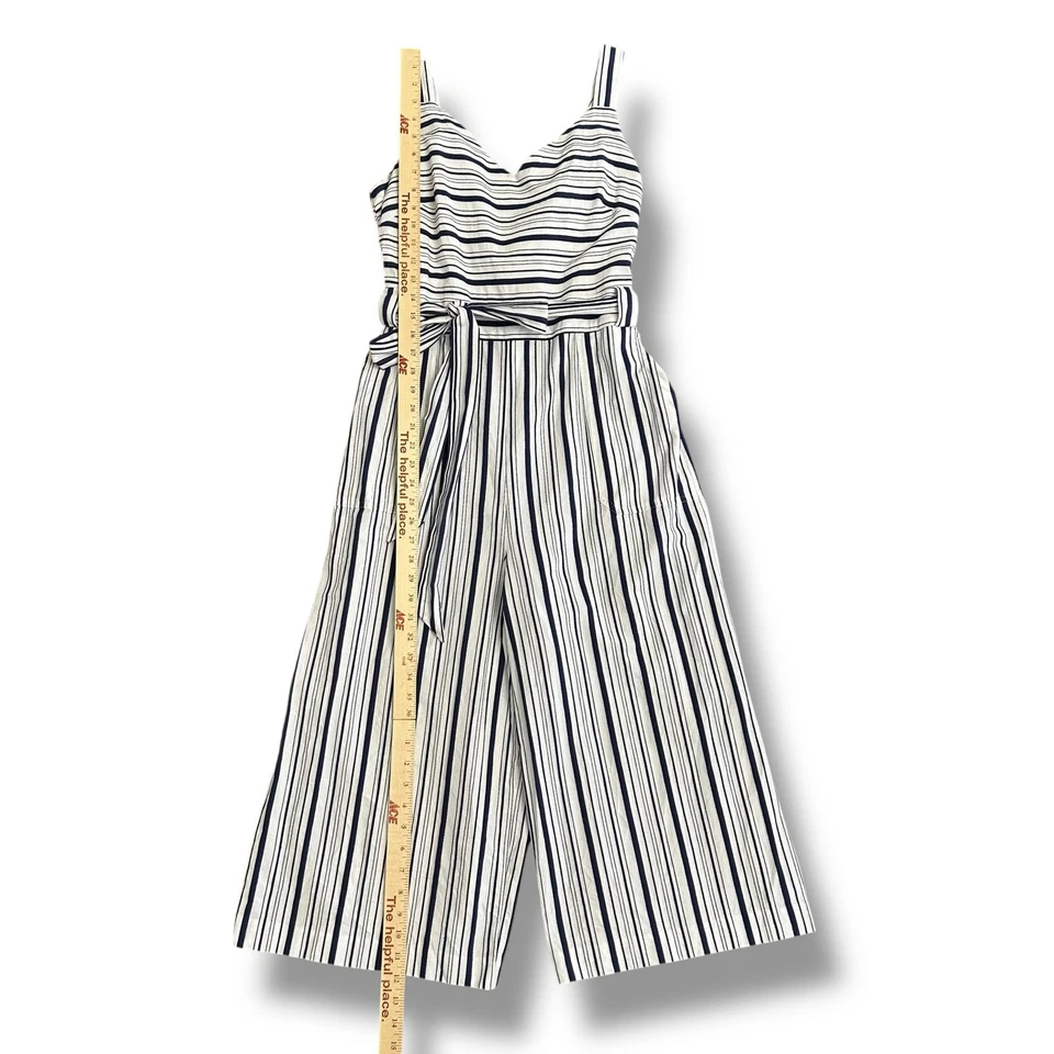 ELLE Para Mujer Mono a Rayas L Azul Marino Blanco Cinturón Pierna Ancha Recortado Conjunto de Verano Foto 3 de 4