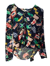 Long Sleeve Crown And Ivy Navy Flags Design Size Small Blouse Made Of Rayon