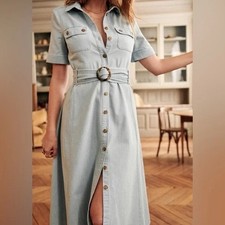 SEZANE Jeannette Button-Down Midi Dress with Belt in Light Denim Blue 2 XS