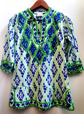 Gretchen Scott Tunic Resort Vacay Top S Ikat Royal Blue/Lime Embroidery V-Neck