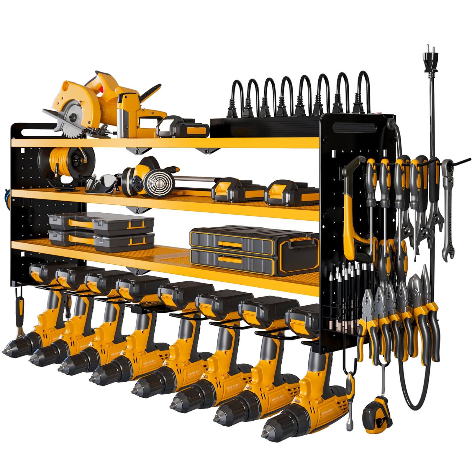 Power Tool Organizer Wall Mount with Charging Station, 8 Drill Holder, 4 Laye...