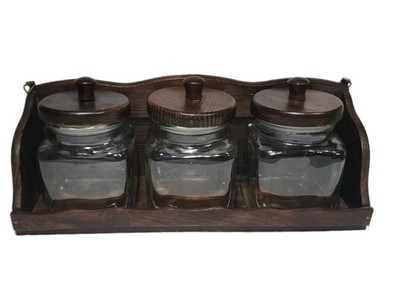 Vintage 3 Glass Jar Canisters On Wooden Display Shelf Apothecary Kitchen Jars