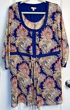 BONGO Women’s Dress XL Boho Paisley Blue Buttons Tie Belt Bloomcore Lined Sheer
