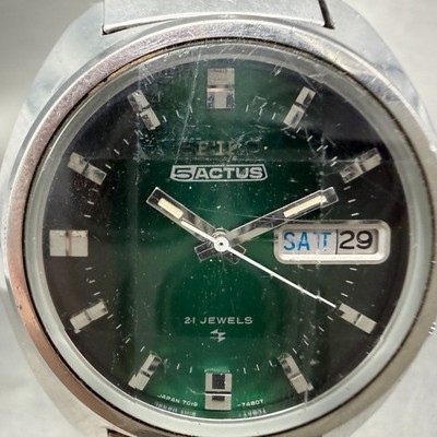 SEIKO 5 ACTUS 7019-7350 21石 自動巻き腕時計 メンズ Seiko 5 Actus Watch Men 37mm Green Dial Silver Tone Daydate 7019