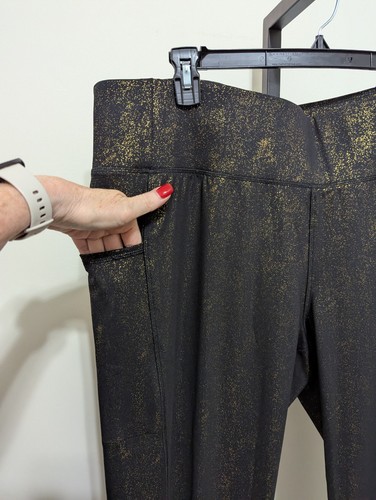 LIVI Lane Bryant Black Gold High-Rise Wicking Flare Pants Foil Shimmer Sz 26/28 - Picture 6 of 14