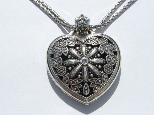Brighton Silver Flower Heart Scroll Photo Locket Crystal Pendant Chain Necklace