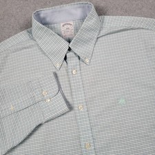 Brooks Brothers Shirt Men Large White Aqua Check Regent Non Iron Stretch Sheep