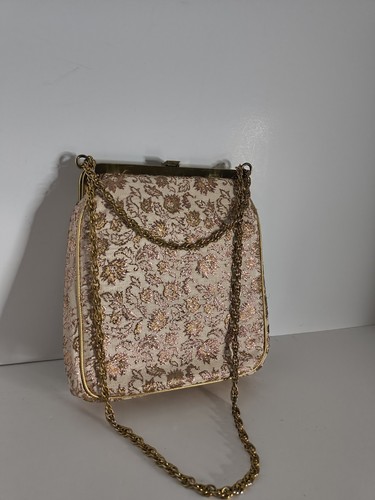 Vintage Ladies Evening Purse Rose Gold Floral Tapestry With Chain Strap - Picture 17 of 17
