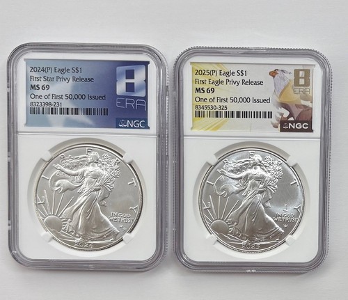 2024 & 2025 American Silver Eagle (Privy Mark EAGLE STAR Nice Gang) NGC MS69