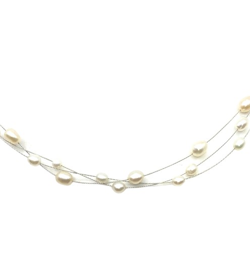 Collana girocollo vintage vera perle d'acqua dolce stratificate 16" argento sterling 925 - Foto 9 di 24