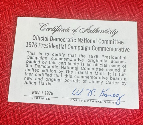 Jimmy Carter Oficial 1976 Campaña Presidencial Medalla Plata Esterlina Prueba Certificado de Autenticidad - Imagen 3 de 6