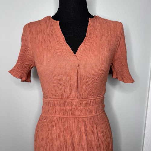 August Sky S Salmon Midi Dress Crinkle Flutter Sleeve Lined Boho - Picture 2 of 12