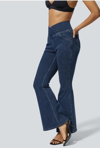 New Halara Flex High Waisted Crossover Pocket Washed Stretchy Flare Jeans - M - Picture 5 of 13