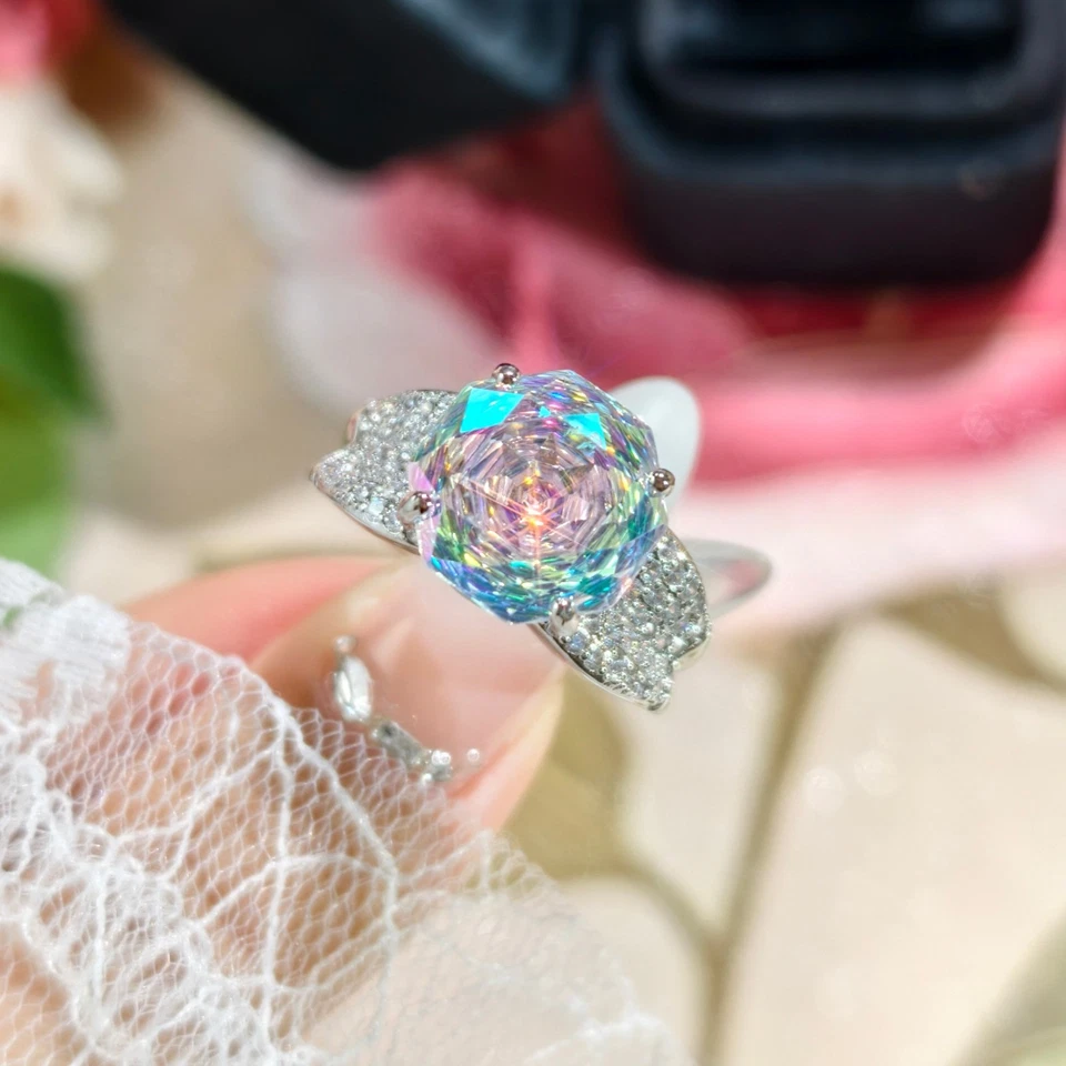 New 12mm Rose Cut White Mystic Topaz Gems Charm Women Girl Jewelry Silver Rings - Image 2 of 4