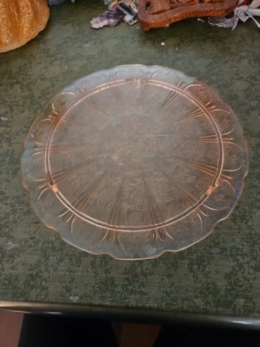 Vintage Jeanette Cherry Blossom Pink Depression Footed Glass 10" Serving Plate