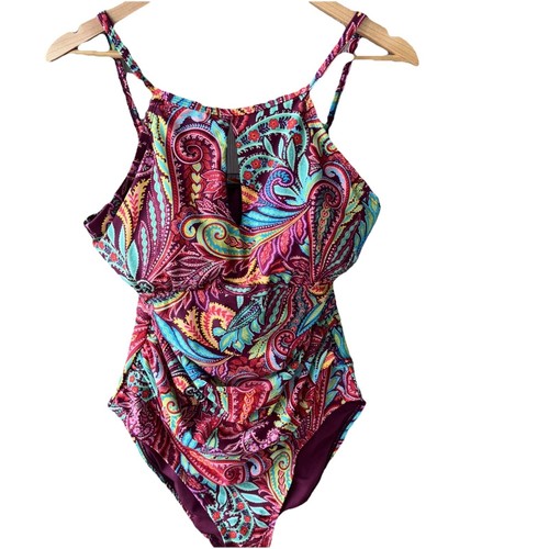 Ellen Tracy One Piece Swimsuit Size 14 LinedKehole HighNeck Paisley Print - Picture 5 of 24