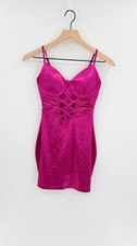 NWT Windsor Mini Bodycon Dress Sz S Lace Up Front Fuchsia Pink Satin Glam Hoco